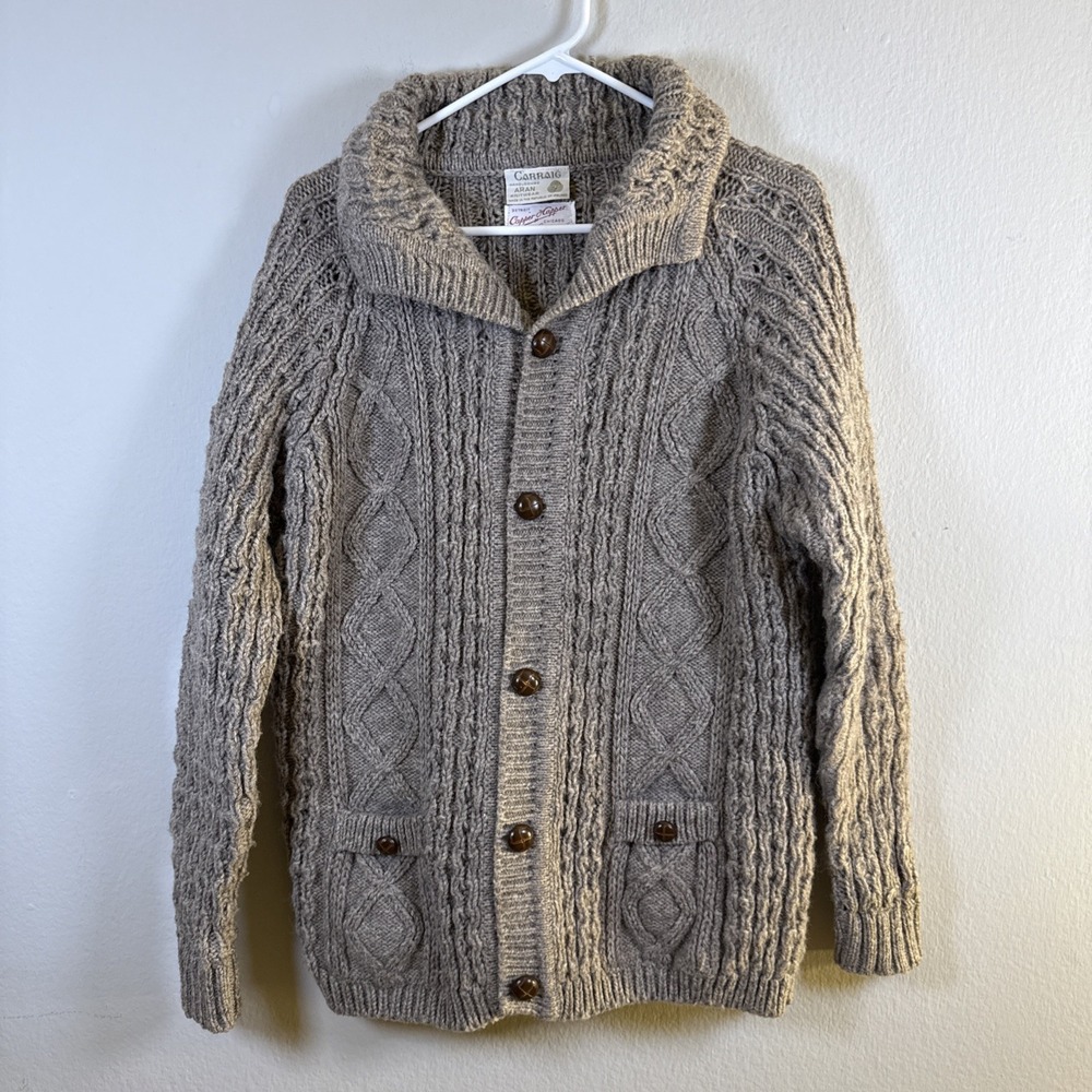 Carraig Donn Aran Sweater Cardigan Women Sz L Beige Wool Cable Knit‎ pocket